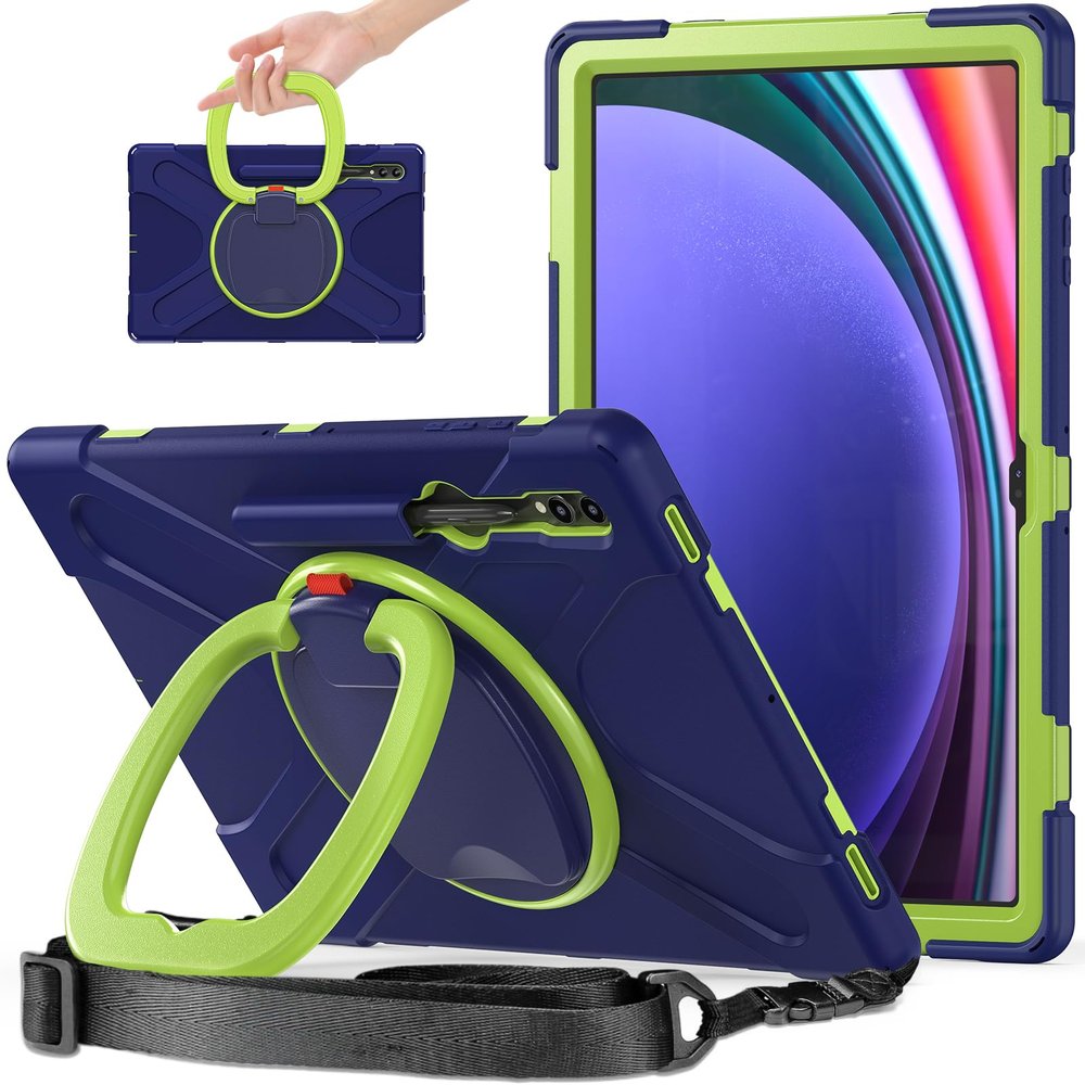 360 Rotation Case for Samsung Galaxy Tab S9 Ultra 14.6" Sturdy Cover Rotate Ring Stand Shoulder Carrying Strap Hand Strap Rugged Children Adults Outdoor Case (Navy+Green)