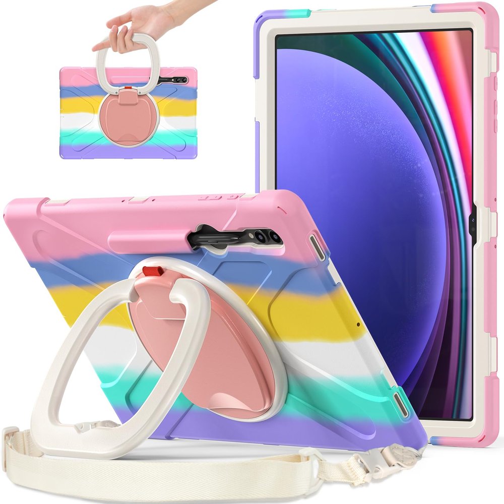 360 Rotation Case for Samsung Galaxy Tab S9 Ultra 14.6" Sturdy Cover Rotate Ring Stand Shoulder Carrying Strap Hand Strap Rugged Children Adults Outdoor Case (Colorful Pink)