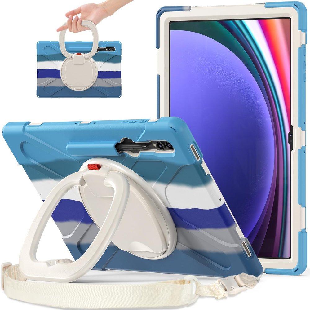 360 Rotation Case for Samsung Galaxy Tab S9 Ultra 14.6" Sturdy Cover Rotate Ring Stand Shoulder Carrying Strap Hand Strap Rugged Children Adults Outdoor Case (Colourful Blue)