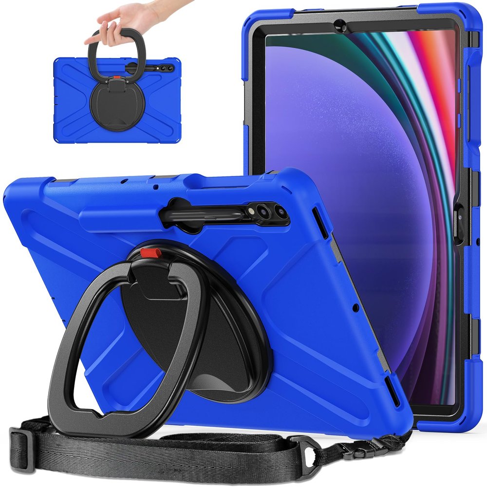 360 Rotation Case for Samsung Galaxy Tab S9 11" Sturdy Cover Rotate Ring Stand Shoulder Carrying Strap Hand Strap Rugged Children Adults Outdoor Case (Blue)