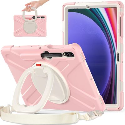 360 Rotation Case for Samsung Galaxy Tab S9+ 12.4" Sturdy Cover Rotate Ring Stand Shoulder Carrying Strap Hand Strap Rugged Children Adults Outdoor Case (Rosegold)