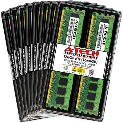 A-Tech 128GB Kit (16x8GB) RAM for ASUS Rack Server RS700-E7/RS4, RS700-E7/RS8, RS720-E7/RS12, RS726Q-E7/RS12, RS920-E7/RS8 | DDR3 1866MHz PC3-14900 ECC RDIMM 2Rx8 1.5V Registered Server Memory Upgrade