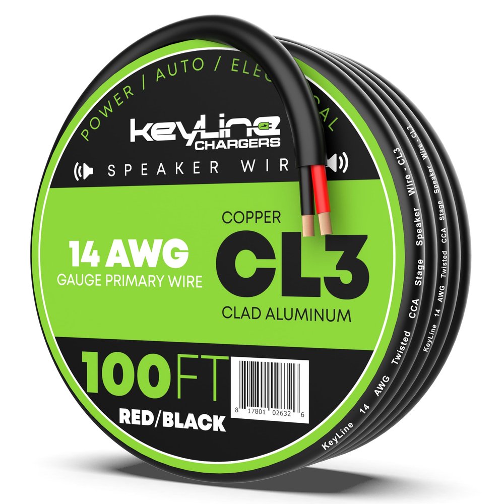 14 Gauge Speaker Wire - 100 Feet Black | 14-2 AWG Gauge - Rated for Marine & Outdoor in Ground Burial & in Wall CL3 CL2, 2 Conductors - CCA Copper Clad Aluminum, Black 100ft