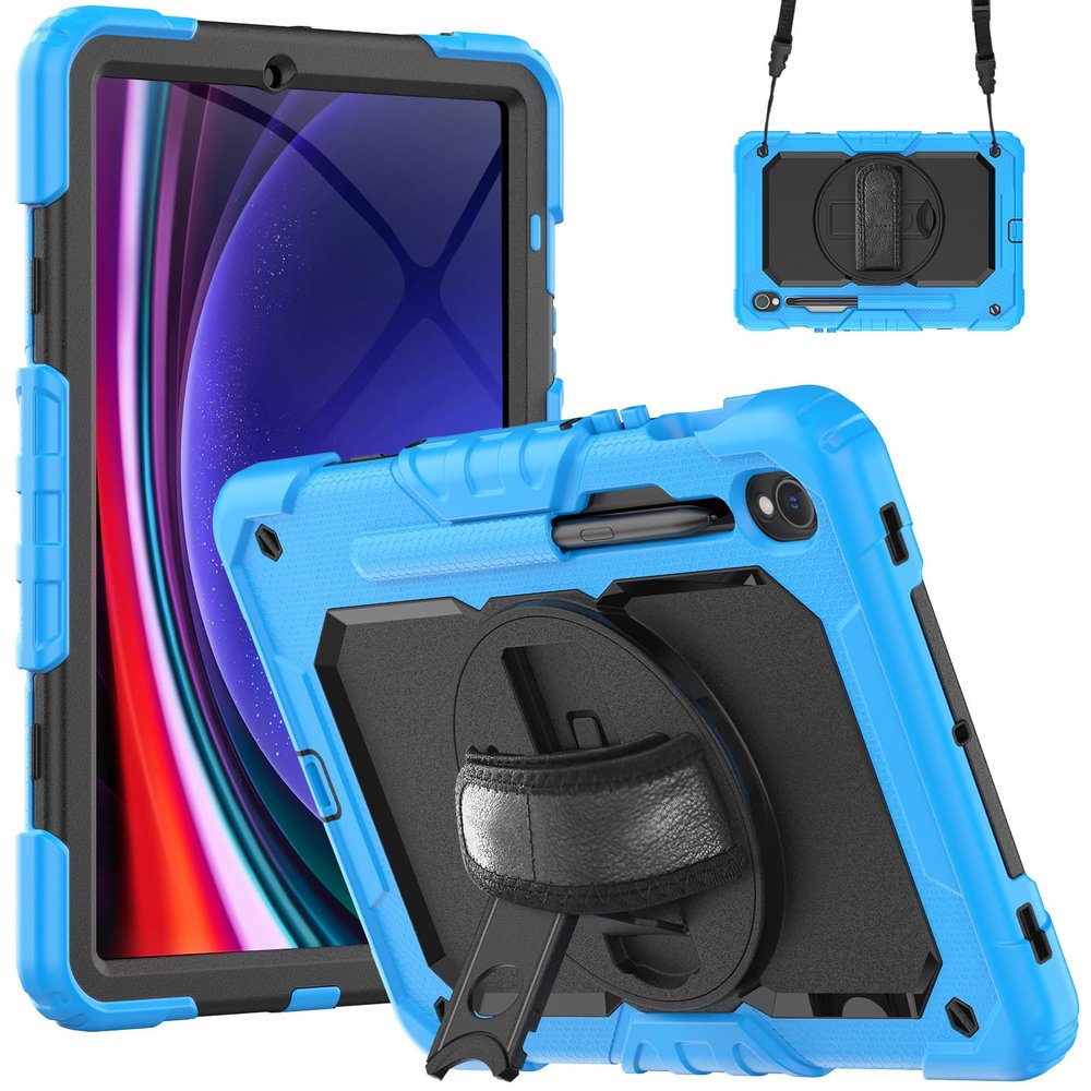 Case for Samsung Galaxy Tab S9 11-Inch 2023 (SM-X710/716B/718U), Heavy Duty Shockproof Rugged Cover with 360 Rotating Kickstand & Hand Strap, Shoulder Strap, S Pen Holder,Light Blue