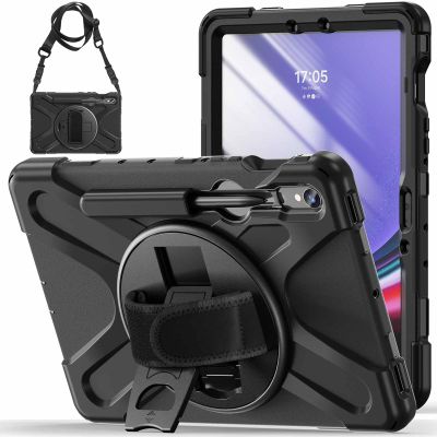 Case for Samsung Galaxy Tab S9 11 inch 2023 (SM-X710/X716B/X718U), Heavy Duty Rugged Protective Cover with 360 Rotating Kickstand & Hand Strap, Shoulder Strap,Black