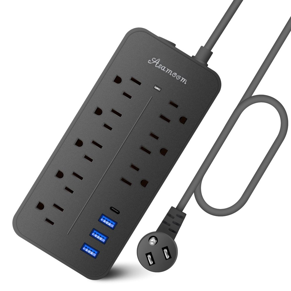 25FT Flat Plug Surge Protector - 8 Outlet & 3 USB Port (A & C) Power Strip Extension Cord, Wall Mountable Desk Power Strip for Home Office - Black - ETL Listed