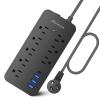 25FT Flat Plug Surge Protector - 8 Outlet & 3 USB Port (A & C) Power Strip Extension Cord, Wall Mountable Desk Power Strip for Home Office - Black - ETL Listed view 1