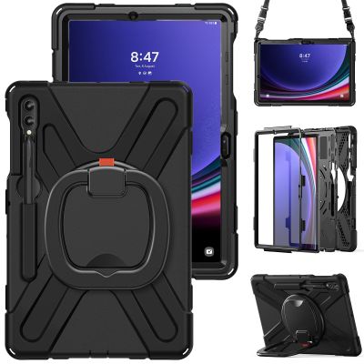360 Rotation Case for Samsung Galaxy Tab S9+ 12.4'' 2023/S8+ /S7+/S7 FEwith Shoulder Strap S Pen Holder Rotatable Kickstand/Handle Rugged Silicone Case(Balck)