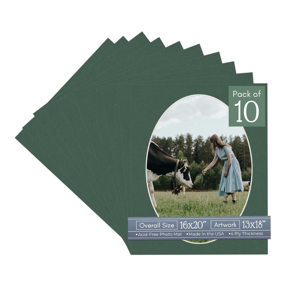 CountryArtHouse Hunter Green Acid Free 16x20 Oval Picture Frame Mat with White Core Bevel Cut for 13x18 Pictures - Fits 16x20 Frame - Pack of 10 Matboards