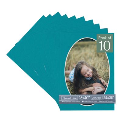 CountryArtHouse Teal Blue Acid Free 28x40 Oval Picture Frame Mat with White Core Bevel Cut for 24x36 Pictures - Fits 28x40 Frame - Pack of 10 Matboard Show Kits with Acid Free Backings & Clear Bags