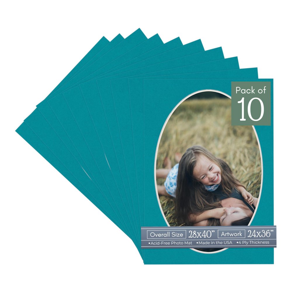 CountryArtHouse Teal Blue Acid Free 28x40 Oval Picture Frame Mat with White Core Bevel Cut for 24x36 Pictures - Fits 28x40 Frame - Pack of 10 Matboard Show Kits with Acid Free Backings & Clear Bags