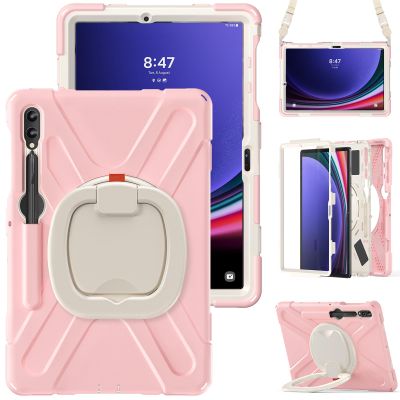 360 Rotation Case for Samsung Galaxy Tab S9+ 12.4'' 2023/S8+ /S7+/S7 FEwith Shoulder Strap S Pen Holder Rotatable Kickstand/Handle Rugged Silicone Case (Pink)
