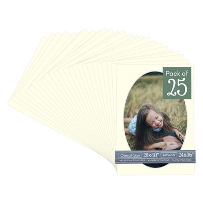 Textured Cream Acid Free 28x40 Oval Picture Frame Mat with White Core Bevel Cut for 24x36 Pictures - Fits 28x40 Frame - Pack of 25 Matboard Show Kits With Acid Free Backings & Clear Bags