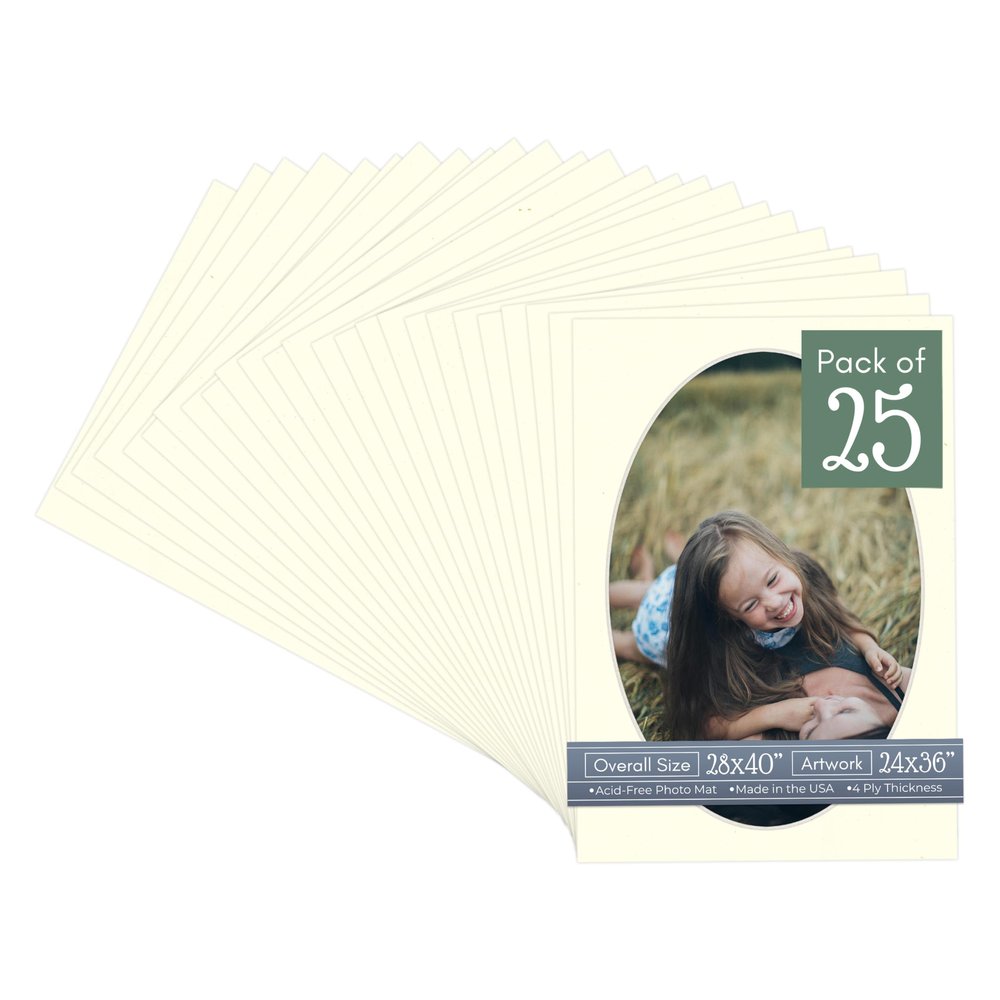 Textured Cream Acid Free 28x40 Oval Picture Frame Mat with White Core Bevel Cut for 24x36 Pictures - Fits 28x40 Frame - Pack of 25 Matboard Show Kits With Acid Free Backings & Clear Bags