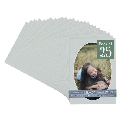CountryArtHouse Grey Acid Free 28x40 Oval Picture Frame Mat with White Core Bevel Cut for 24x36 Pictures - Fits 28x40 Frame - Pack of 25 Matboards