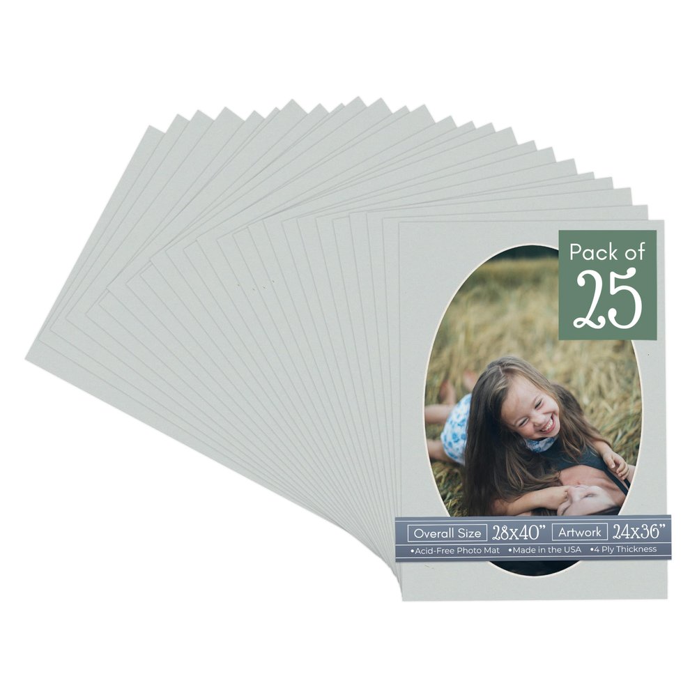 CountryArtHouse Grey Acid Free 28x40 Oval Picture Frame Mat with White Core Bevel Cut for 24x36 Pictures - Fits 28x40 Frame - Pack of 25 Matboards