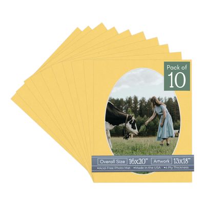 Chamois Yellow Acid Free 16x20 Oval Picture Frame Mat with White Core Bevel Cut for 13x18 Pictures - Fits 16x20 Frame - Pack of 10 Matboard Show Kits With Acid Free Backings & Clear Bags