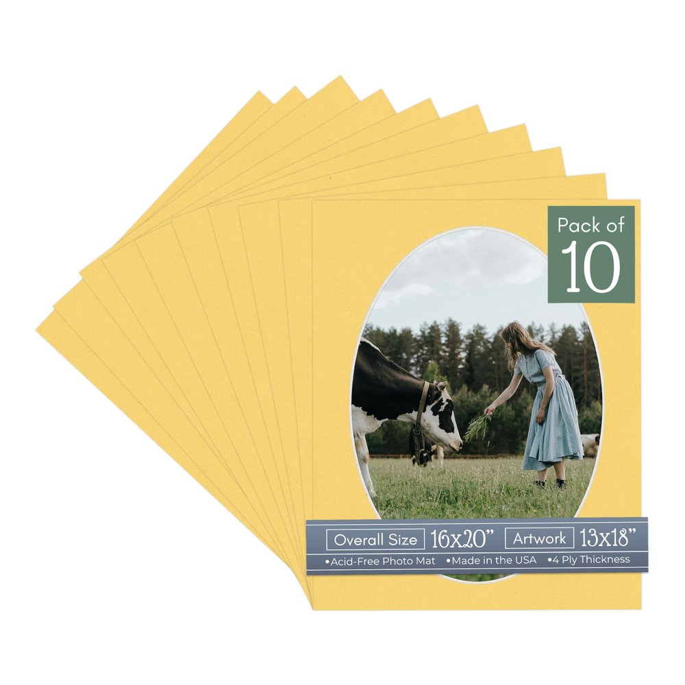 Chamois Yellow Acid Free 16x20 Oval Picture Frame Mat with White Core Bevel Cut for 13x18 Pictures - Fits 16x20 Frame - Pack of 10 Matboard Show Kits With Acid Free Backings & Clear Bags