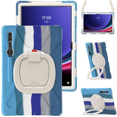 360 Rotation Case for Samsung Galaxy S9 Ultra 14.6'' 2023/S8 Ultra 14.6'' 2022with Shoulder Strap S Pen Holder Rotatable Kickstand/Handle Rugged Silicone Case (Colorful Blue)