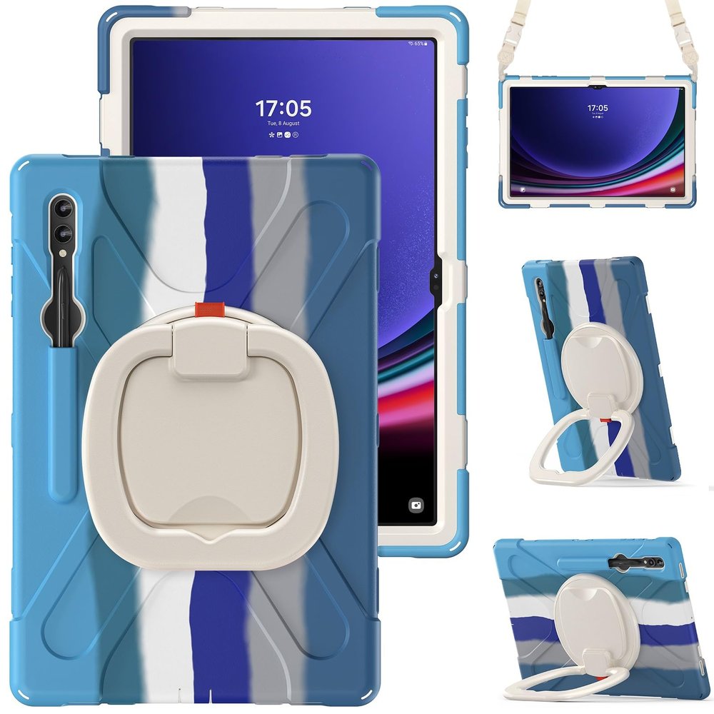 360 Rotation Case for Samsung Galaxy S9 Ultra 14.6'' 2023/S8 Ultra 14.6'' 2022with Shoulder Strap S Pen Holder Rotatable Kickstand/Handle Rugged Silicone Case (Colorful Blue)
