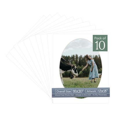 CountryArtHouse Textured White Acid Free 16x20 Oval Picture Frame Mat with White Core Bevel Cut for 13x18 Pictures - Fits 16x20 Frame - Pack of 10 Matboards