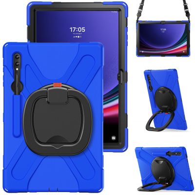 360 Rotation Case for Samsung Galaxy S9 Ultra 14.6'' 2023/S8 Ultra 14.6'' 2022with Shoulder Strap S Pen Holder Rotatable Kickstand/Handle Rugged Silicone Case (Blue)