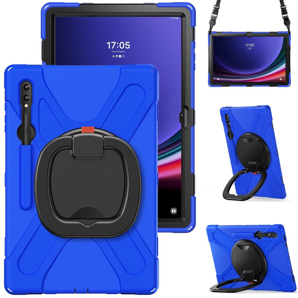 360 Rotation Case for Samsung Galaxy S9 Ultra 14.6'' 2023/S8 Ultra 14.6'' 2022with Shoulder Strap S Pen Holder Rotatable Kickstand/Handle Rugged Silicone Case (Blue)