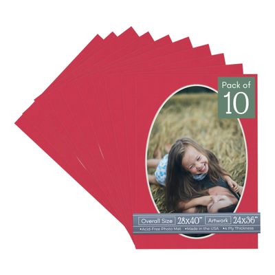 CountryArtHouse Deep Red Acid Free 28x40 Oval Picture Frame Mat with White Core Bevel Cut for 24x36 Pictures - Fits 28x40 Frame - Pack of 10 Matboards