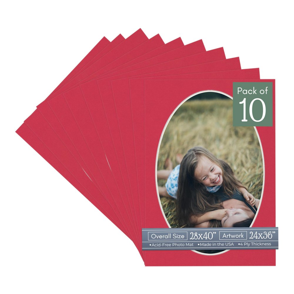 CountryArtHouse Deep Red Acid Free 28x40 Oval Picture Frame Mat with White Core Bevel Cut for 24x36 Pictures - Fits 28x40 Frame - Pack of 10 Matboards