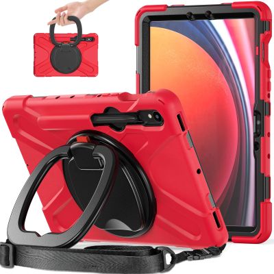 360 Rotation Case for Samsung Galaxy Tab S9 11'' 2023/S8 2022/S7 2020with Shoulder Strap S Pen Holder Rotatable Kickstand/Handle Rugged Silicone Case (Red)