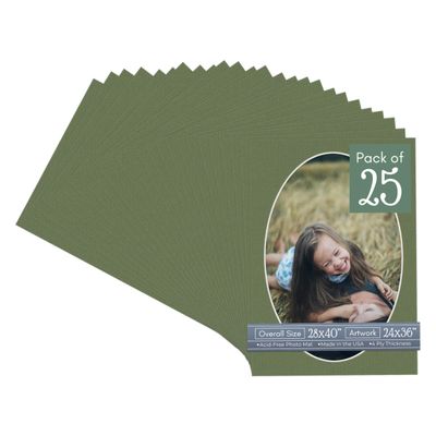 CountryArtHouse Dill Green Acid Free 28x40 Oval Picture Frame Mat with White Core Bevel Cut for 24x36 Pictures - Fits 28x40 Frame - Pack of 25 Matboard Show Kits with Acid Free Backings & Clear Bags