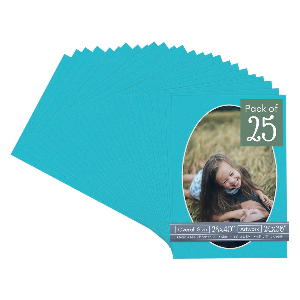 Aquamarine Blue Acid Free 28x40 Oval Picture Frame Mat with White Core Bevel Cut for 24x36 Pictures - Fits 28x40 Frame - Pack of 25 Matboard Show Kits With Acid Free Backings & Clear Bags