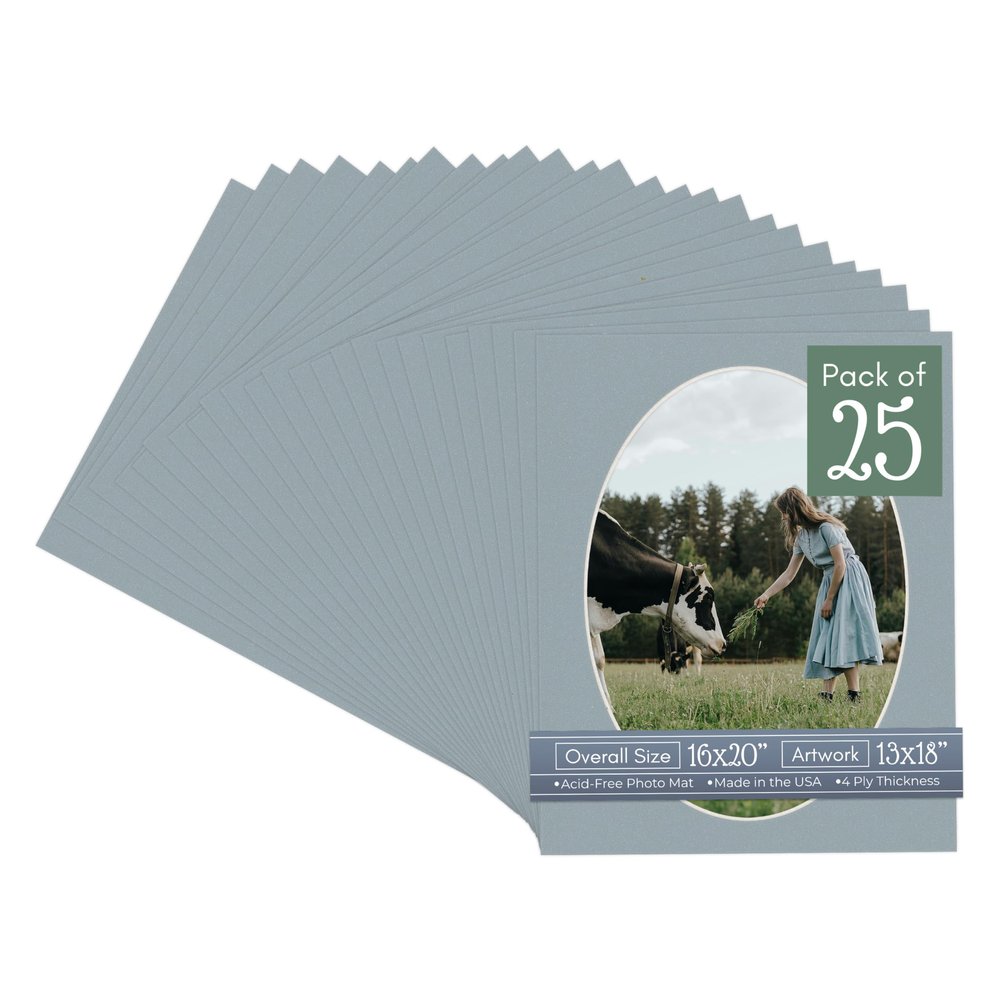 CountryArtHouse Metallic Silver Acid Free 16x20 Oval Picture Frame Mat with White Core Bevel Cut for 13x18 Pictures - Fits 16x20 Frame - Pack of 25 Matboards