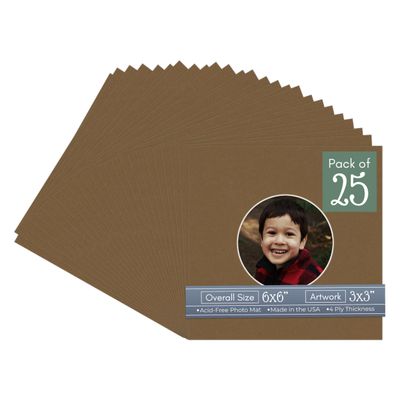 CountryArtHouse Aged Oak Brown Acid Free 6x6 Circle Picture Frame Mat with White Core Bevel Cut for 3x3 Pictures - Fits 6x6 Frame - Pack of 25 Matboard Show Kits with Acid Free Backings & Clear Bags