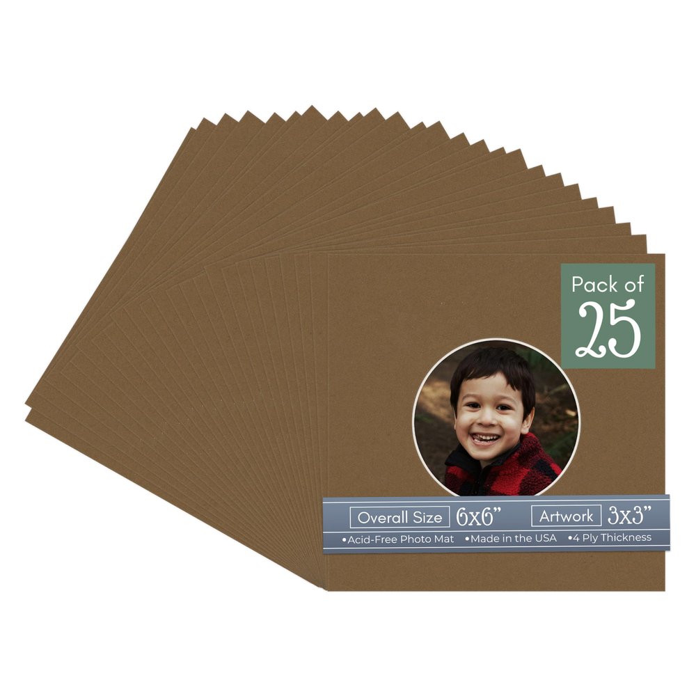 CountryArtHouse Aged Oak Brown Acid Free 6x6 Circle Picture Frame Mat with White Core Bevel Cut for 3x3 Pictures - Fits 6x6 Frame - Pack of 25 Matboard Show Kits with Acid Free Backings & Clear Bags