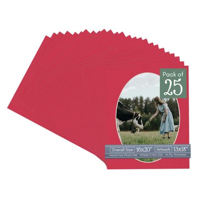 CountryArtHouse Deep Red Acid Free 16x20 Oval Picture Frame Mat with White Core Bevel Cut for 13x18 Pictures - Fits 16x20 Frame - Pack of 25 Matboards