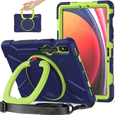 360 Rotation Case for Samsung Galaxy Tab S9 11'' 2023/S8 2022/S7 2020with Shoulder Strap S Pen Holder Rotatable Kickstand/Handle Rugged Silicone Case (Navy Blue+Green)