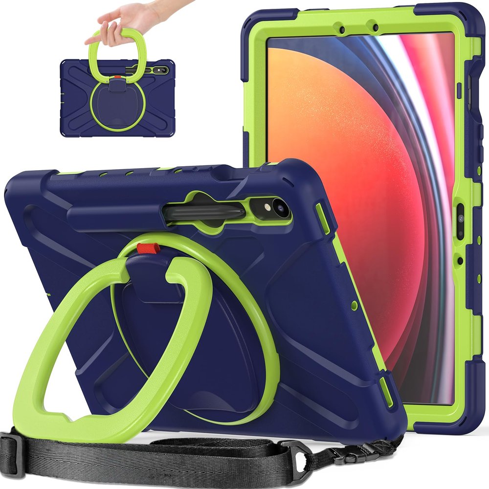 360 Rotation Case for Samsung Galaxy Tab S9 11'' 2023/S8 2022/S7 2020with Shoulder Strap S Pen Holder Rotatable Kickstand/Handle Rugged Silicone Case (Navy Blue+Green)