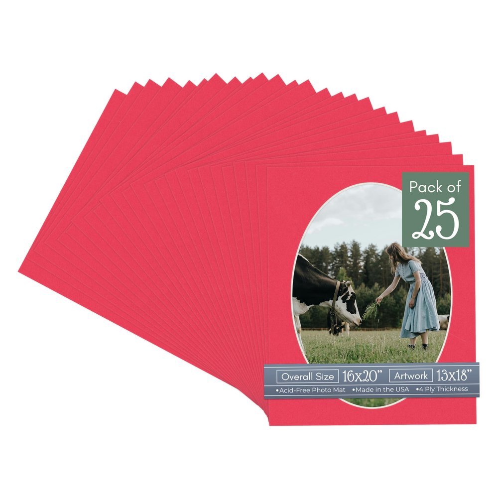 Cardinal Red Acid Free 16x20 Oval Picture Frame Mat with White Core Bevel Cut for 13x18 Pictures - Fits 16x20 Frame - Pack of 25 Matboard Show Kits With Acid Free Backings & Clear Bags