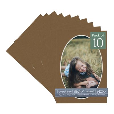 CountryArtHouse Aged Oak Brown Acid Free 28x40 Oval Picture Frame Mat with White Core Bevel Cut for 24x36 Pictures - Fits 28x40 Frame - Pack of 10 Matboards