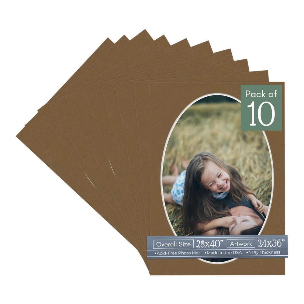 CountryArtHouse Aged Oak Brown Acid Free 28x40 Oval Picture Frame Mat with White Core Bevel Cut for 24x36 Pictures - Fits 28x40 Frame - Pack of 10 Matboards