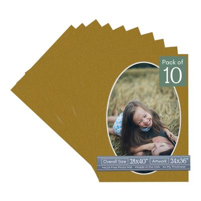 CountryArtHouse Metallic Gold Acid Free 28x40 Oval Picture Frame Mat with White Core Bevel Cut for 24x36 Pictures - Fits 28x40 Frame - Pack of 10 Matboards