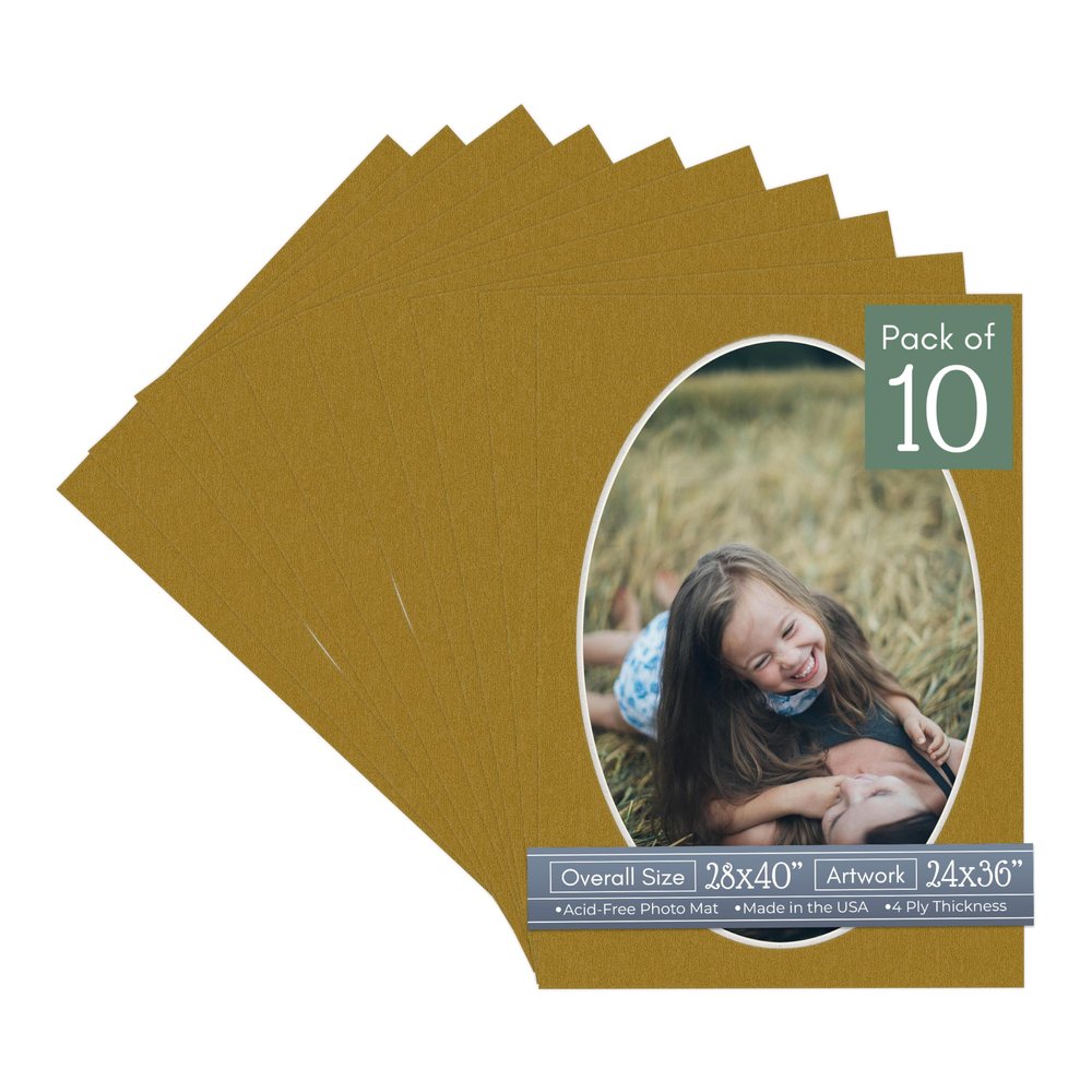 CountryArtHouse Metallic Gold Acid Free 28x40 Oval Picture Frame Mat with White Core Bevel Cut for 24x36 Pictures - Fits 28x40 Frame - Pack of 10 Matboards