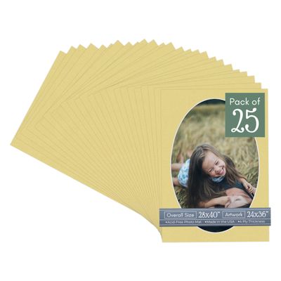 CountryArtHouse Soft Yellow Acid Free 28x40 Oval Picture Frame Mat with White Core Bevel Cut for 24x36 Pictures - Fits 28x40 Frame - Pack of 25 Matboards