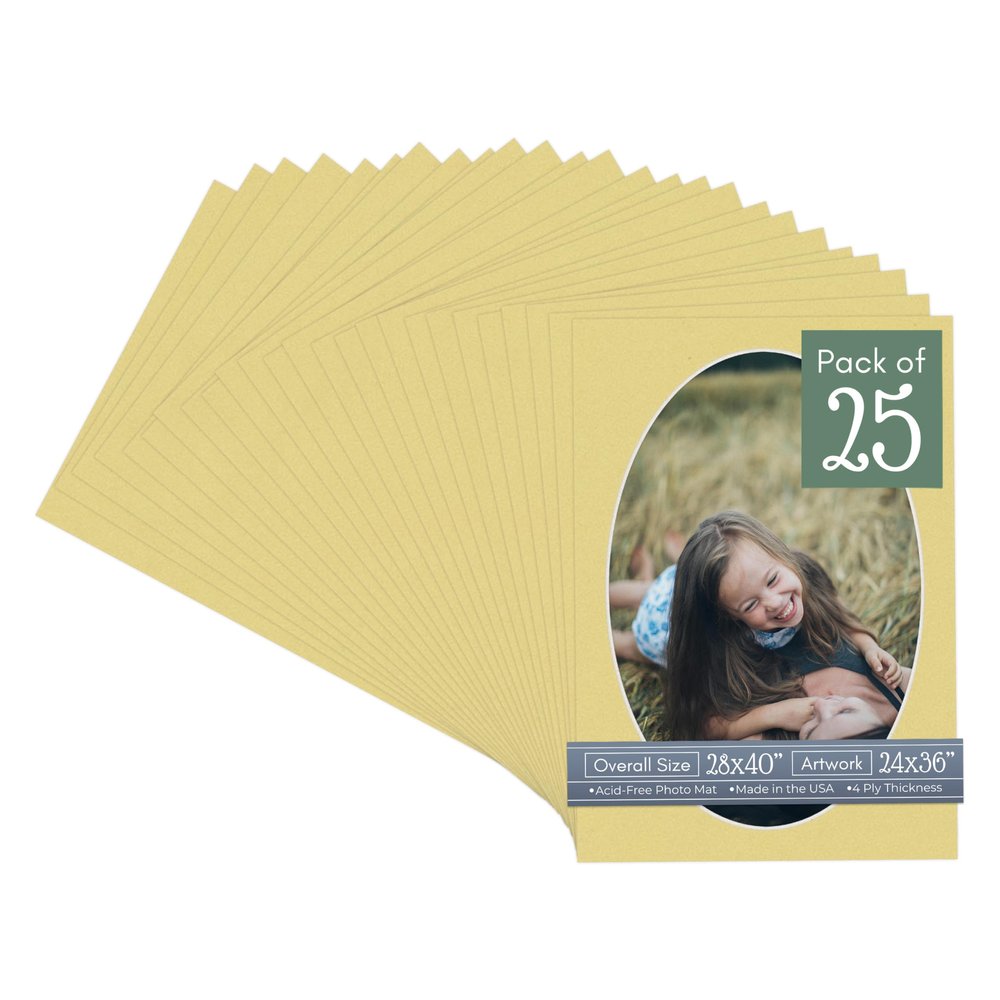 CountryArtHouse Soft Yellow Acid Free 28x40 Oval Picture Frame Mat with White Core Bevel Cut for 24x36 Pictures - Fits 28x40 Frame - Pack of 25 Matboards