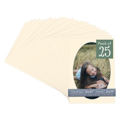 CountryArtHouse Cream Acid Free 28x40 Oval Picture Frame Mat with White Core Bevel Cut for 24x36 Pictures - Fits 28x40 Frame - Pack of 25 Matboard Show Kits with Acid Free Backings & Clear Bags