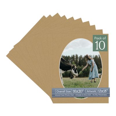 CountryArtHouse Rattan Beige Acid Free 16x20 Oval Picture Frame Mat with White Core Bevel Cut for 13x18 Pictures - Fits 16x20 Frame - Pack of 10 Matboards