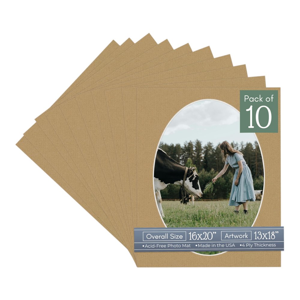 CountryArtHouse Rattan Beige Acid Free 16x20 Oval Picture Frame Mat with White Core Bevel Cut for 13x18 Pictures - Fits 16x20 Frame - Pack of 10 Matboards