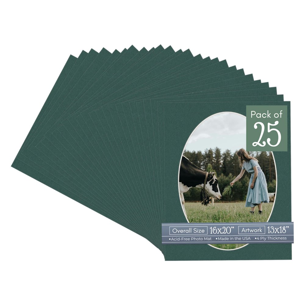 CountryArtHouse Forest Green Acid Free 16x20 Oval Picture Frame Mat with White Core Bevel Cut for 13x18 Pictures - Fits 16x20 Frame - Pack of 25 Matboards