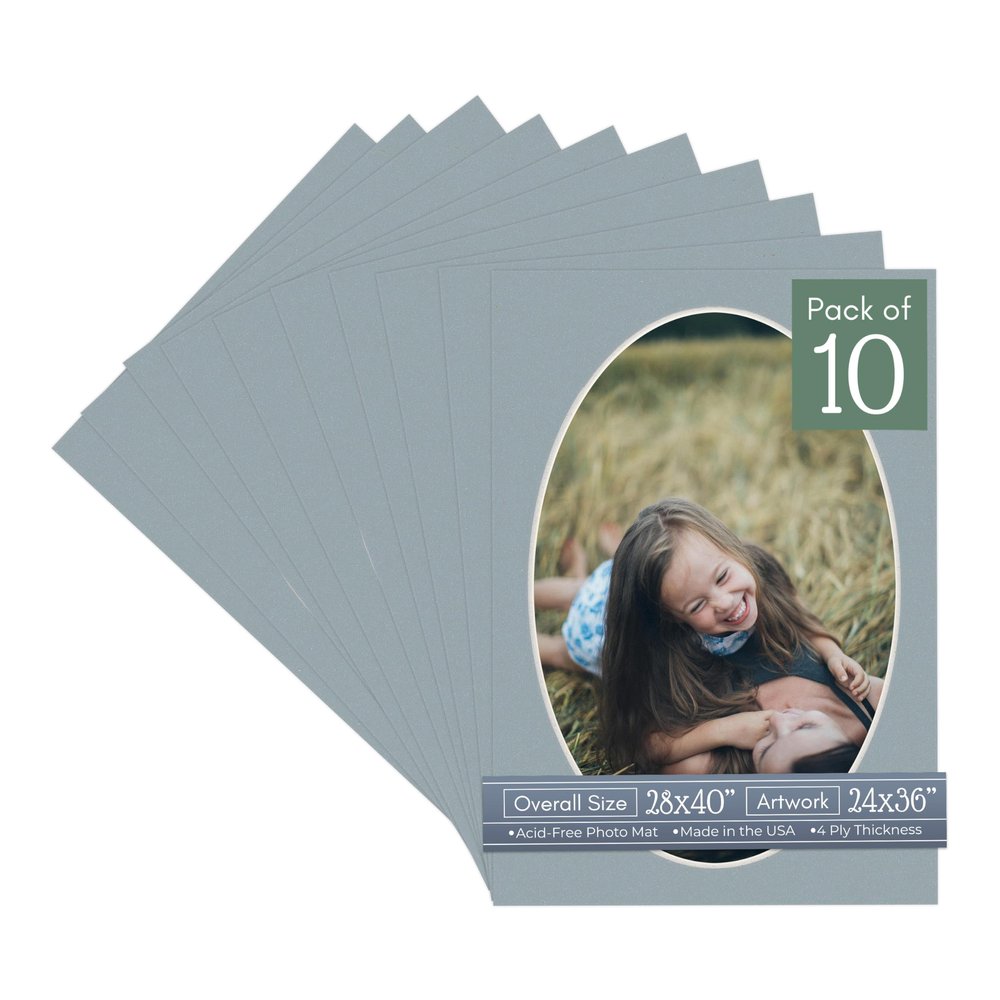 CountryArtHouse Metallic Silver Acid Free 28x40 Oval Picture Frame Mat with White Core Bevel Cut for 24x36 Pictures - Fits 28x40 Frame - Pack of 10 Matboards